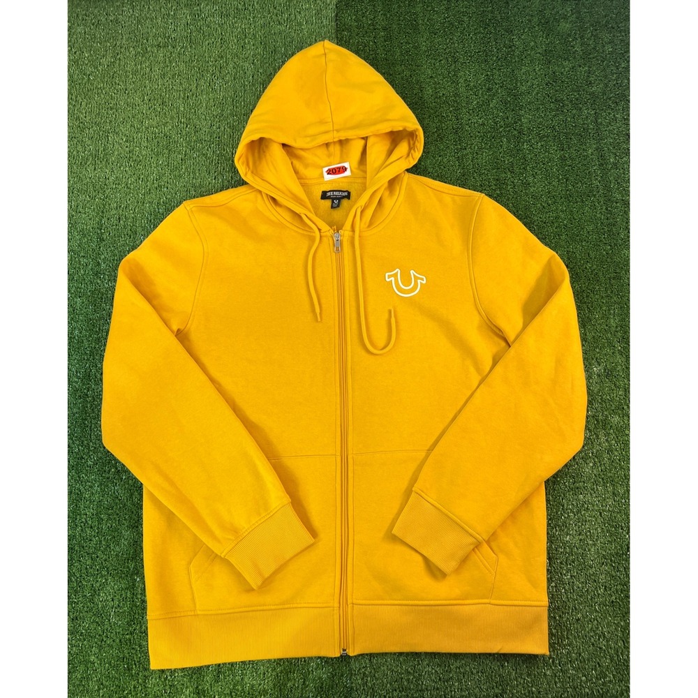 True Religion Mens Yellow Full Zip Hoodie Buddha Graphic Horseshoe Logo XL